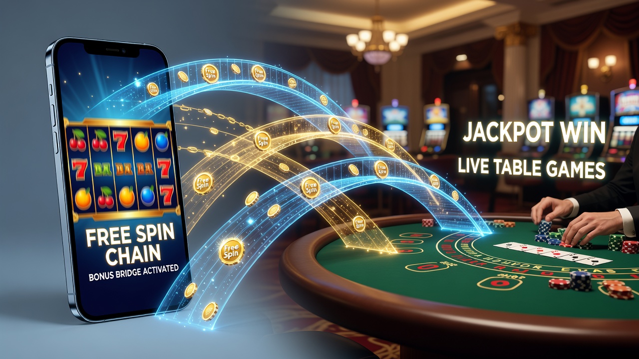 Illustration von Übergängen zwischen mobilen Slots und Live-Tischspielen über Bonusbrücken