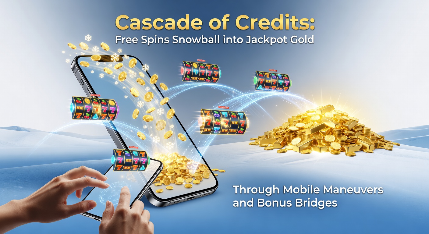 Illustration einer schneballartigen Kaskade von Credits, die über mobile Brücken zu glänzenden Jackpots führt, mit Symbolen für Boni und Smartphones