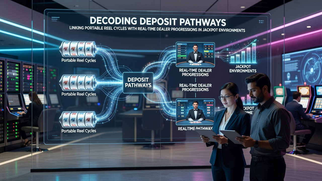 Diagramme zeigen Einzahlungswege, die mobile Slot-Zyklen mit Live-Dealer-Tischen verknüpfen, in einem Casino-Setting mit Jackpot-Elementen