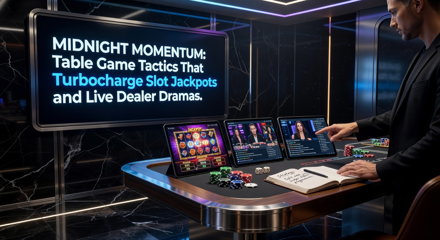 Ein dynamisches Nachtbild von einem Casino-Tisch mit Spielern, die Karten und Chips bewegen, während Slot-Maschinen im Hintergrund leuchten