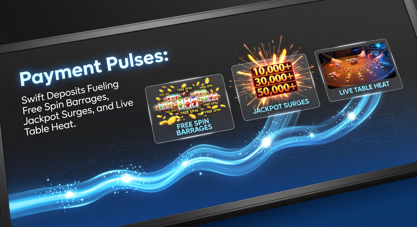 Dynamische Grafik einer blitzschnellen Einzahlung, die Free-Spin-Wellen und Jackpot-Lichter in einem Online-Casino entfacht