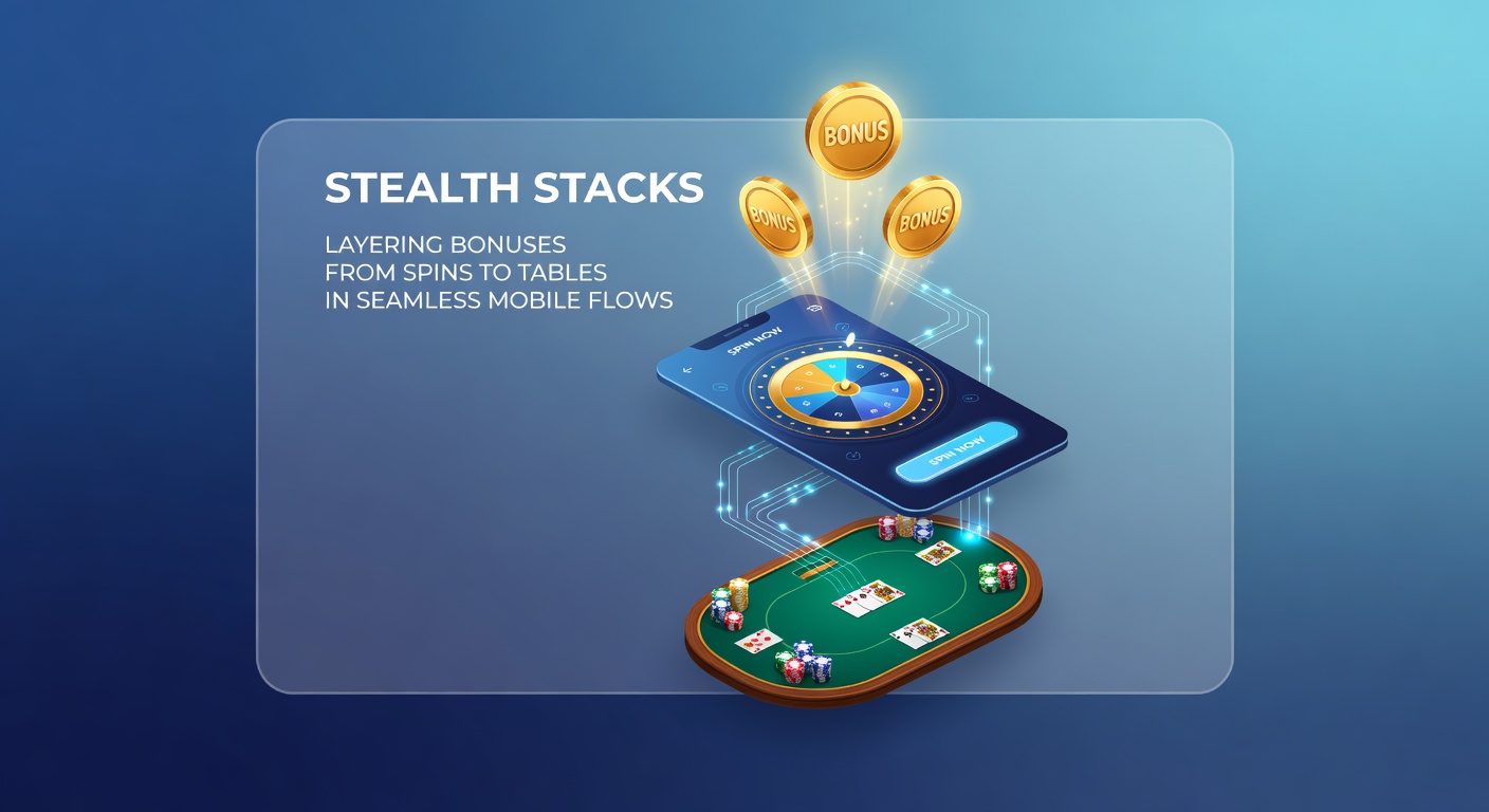 Smartphone mit überlagerten Bonus-Stacks von Slot-Spins zu Live-Tischspielen in einer mobilen Casino-App
