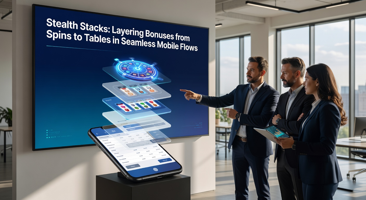 Detaillierte Grafik eines Bonus-Layering-Flows, der Slot-Spins mit Live-Tisch-Übertragungen in einer mobilen App verbindet